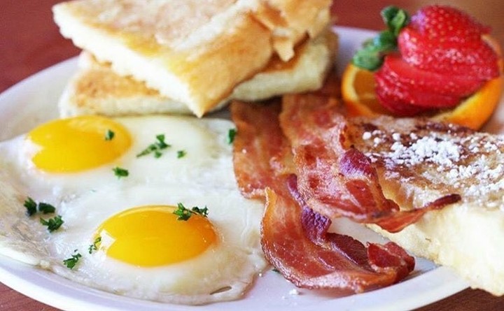Our signature breakfast with eggs, bacon, toast, and our homemade fries
